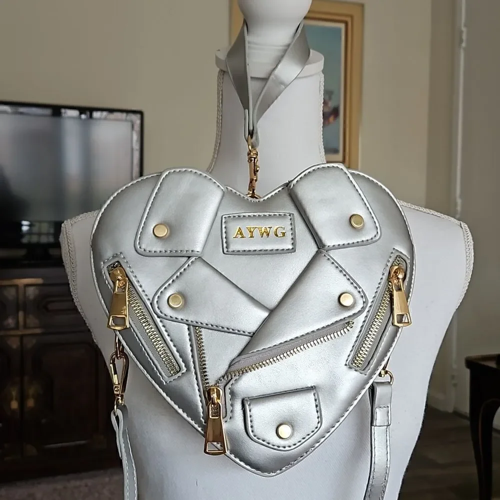 NWOT  Vegan friendly silver crossbody heart-shaped motorcycle jacket handbag